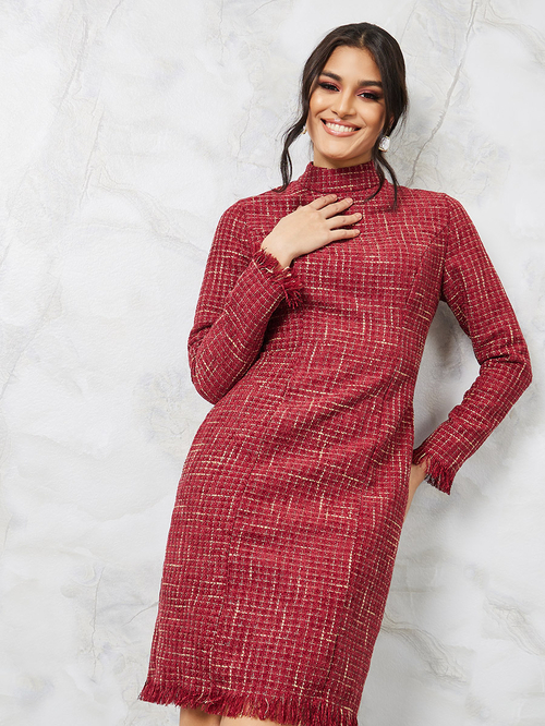 Long sleeve frayed hem tweed dress cheap