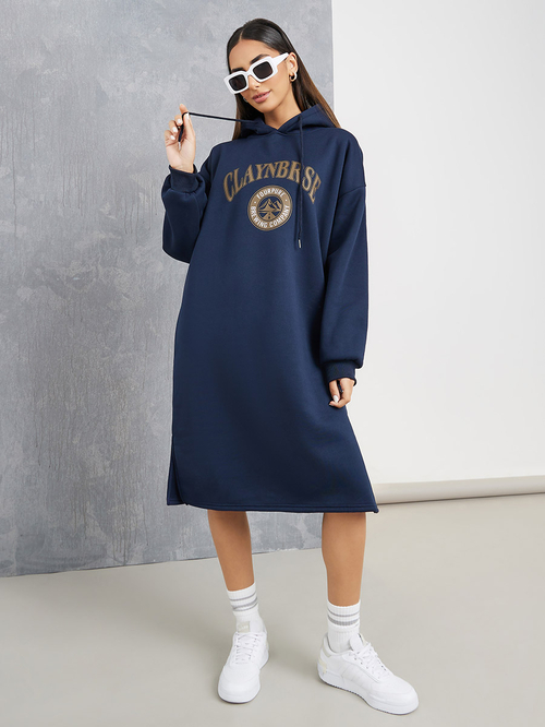 Buy Graphic Print Side Slit Drawstring Hoodie Dress Navy Blue For Women Styli UAE