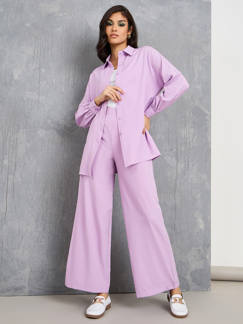 Buy Solid Longline Shirt & Wide Leg Pants Co-Ords Purple For Women 