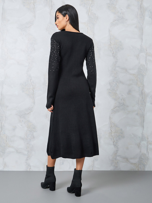 Buy Embellished Knit Sweater Midi Dress Black For Women Styli UAE