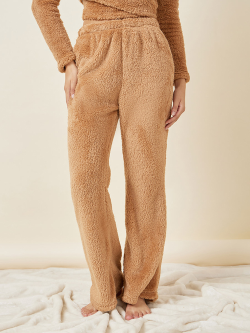 Buy Fleece Wrap Around Top Trouser Lounge Set Beige For Women Styli Saudi