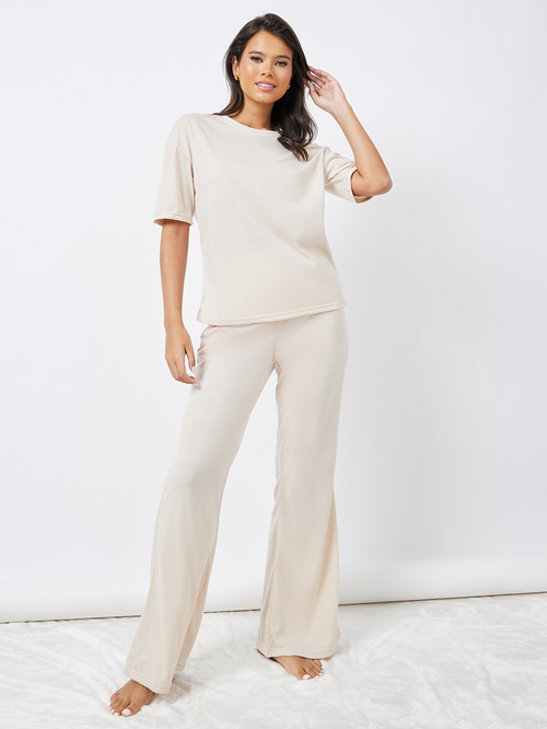 Buy Drop Shoulder Oversized T Shirt Flared Pyjama Set Beige For Women Styli Saudi