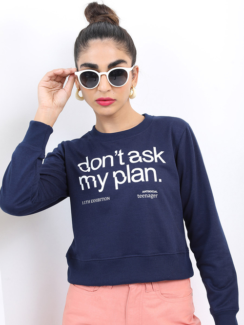 Buy Cropped Letter Print Sweatshirt Navy Blue For Women Styli Saudi