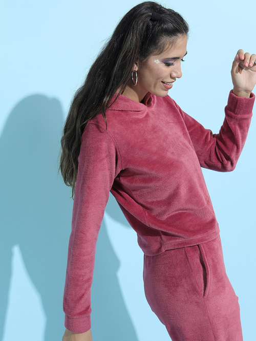 Buy Velvet Look Crop Hoodie Pink For Women Styli Kuwait