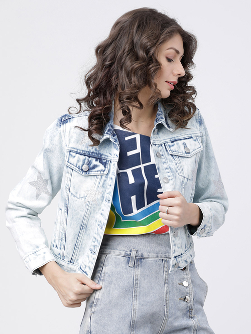Buy Shimmer Star Detail Cropped Denim Jacket Blue For Women Styli UAE