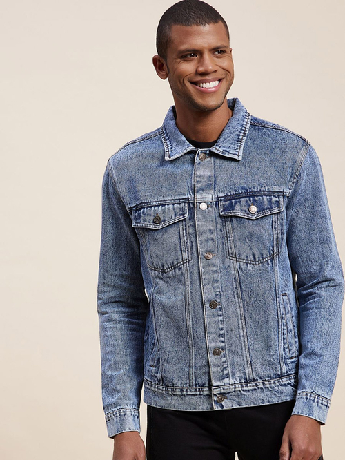 Buy Regular Fit Denim Jacket with Flap Pocket Blue For Men Styli UAE
