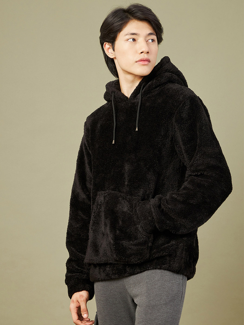 Buy Faux Fur Kangaroo Pocket Hoodie Black For Men Styli Saudi