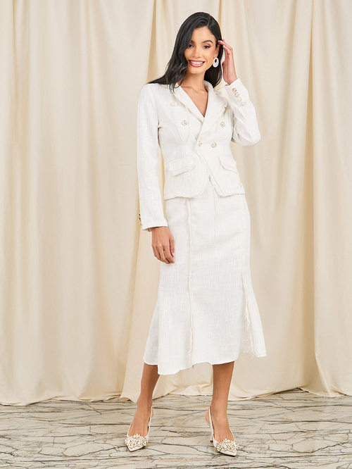Buy Frayed Edge Tweed Buttoned Blazer Midi Skirt Co Ord Off White For Women Styli Saudi