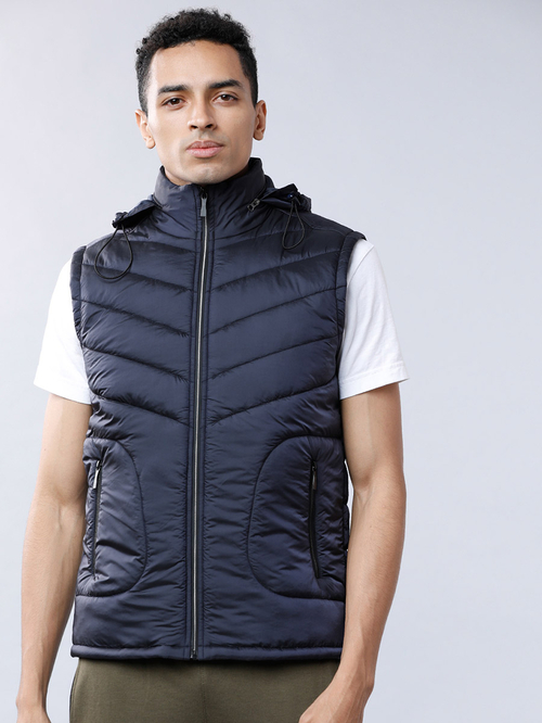 Buy Solid Hooded Sleeveless Puffer Jacket Navy Blue For Men Styli Kuwait