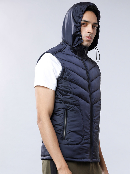 Buy Solid Hooded Sleeveless Puffer Jacket Navy Blue For Men Styli Saudi