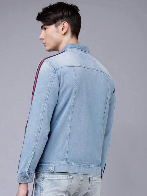 Buy Regular Fit Blue Washed Side Stripe Denim Jacket Blue For Men Styli Saudi