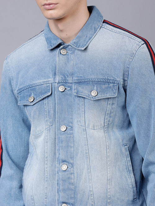 Buy Regular Fit Blue Washed Side Stripe Denim Jacket Blue For Men Styli Saudi