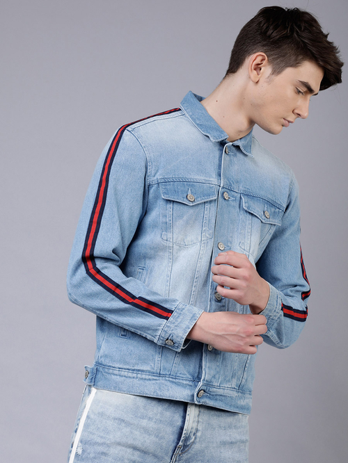 Buy Regular Fit Blue Washed Side Stripe Denim Jacket Blue For Men Styli Saudi