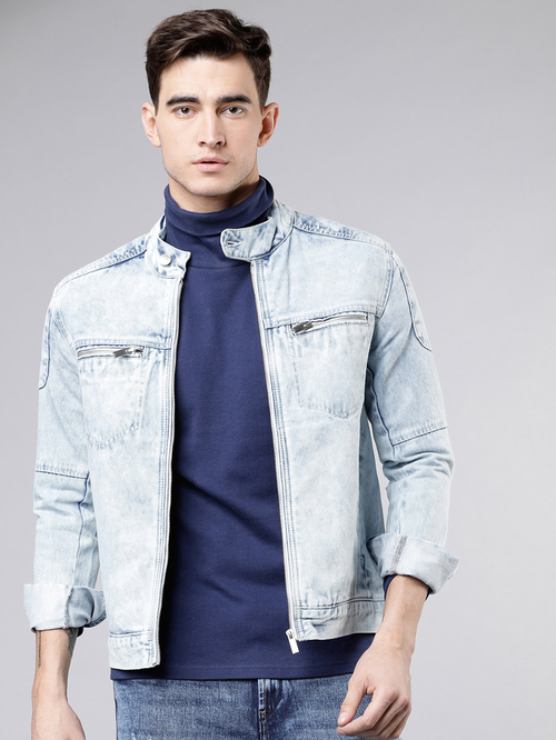 Buy Solid Zipper Pocket Detail Denim Jacket Blue For Men Styli UAE