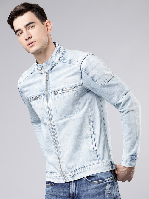 Buy Solid Zipper Pocket Detail Denim Jacket Blue For Men Styli UAE