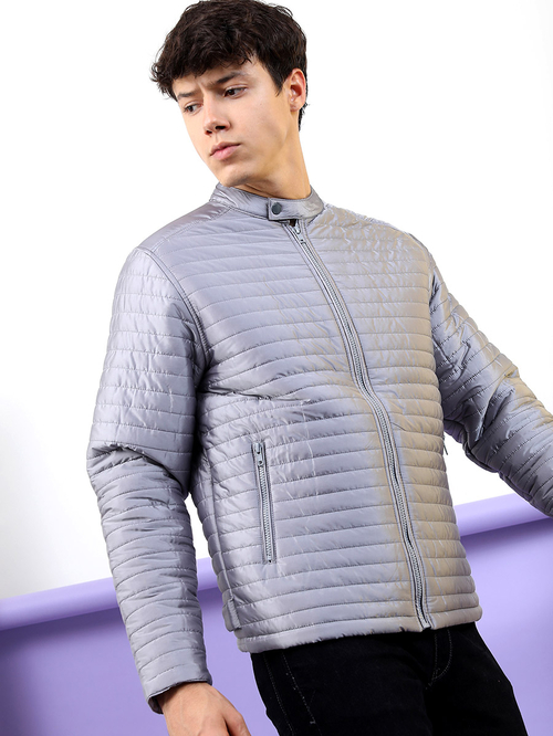 Buy Solid High Neck Zip Up Puffer Jacket Grey For Men Styli Saudi