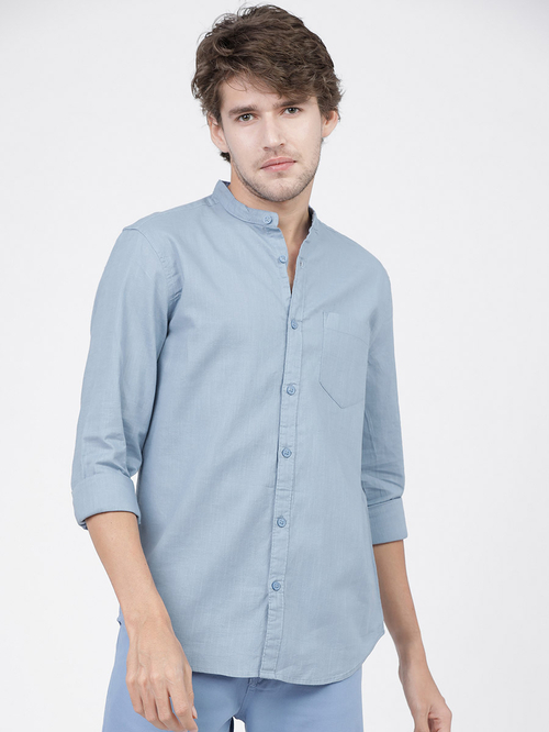 Solid Slim Fit Mandarin Collar Casual Shirt
