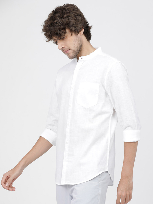 Solid Slim Fit Mandarin Collar Casual Shirt