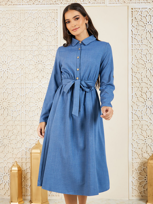 Buy Front Button Collared Roll Up Sleeve Midi Dress with Self Tie Blue For Women Styli Saudi