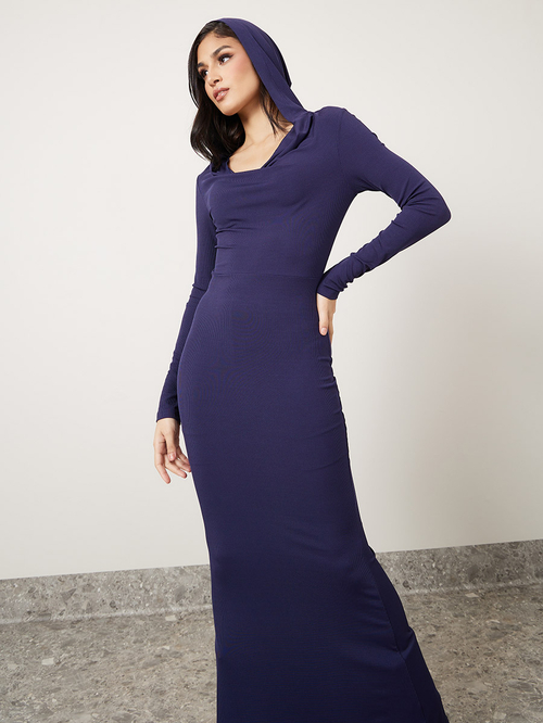 Buy Cowl Neck Rib Bodycon Maxi Dress with Hood Navy Blue For Women Styli UAE