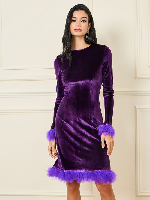 Buy Velvet Faux Fur Trim Shift Knee Length Dress Purple For Women Styli Saudi