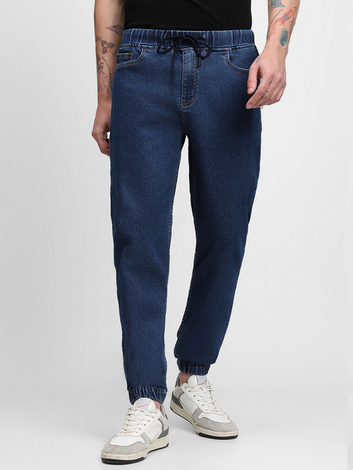 Buy Mid Rise Slim Fit Denim Joggers Dark Blue For Men Styli Saudi