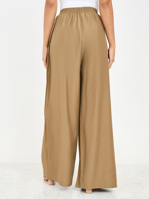 Buy Solid High Rise Wide Leg Pants Brown For Women Styli Saudi