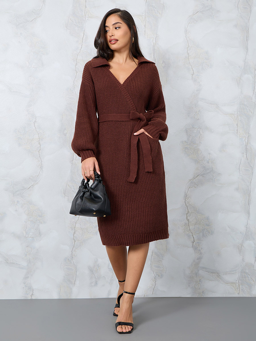Buy Fuzzy Sweater Midi Dress with Tie Belt Brown For Women Styli Saudi