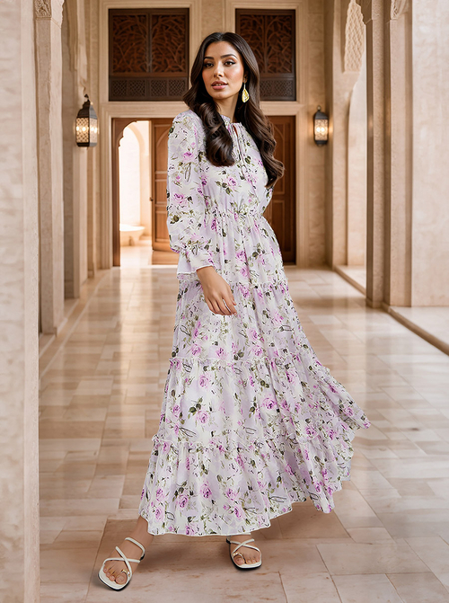 Buy Floral Printed Ruffle Detail Maxi Dress Lilac For Women Styli UAE
