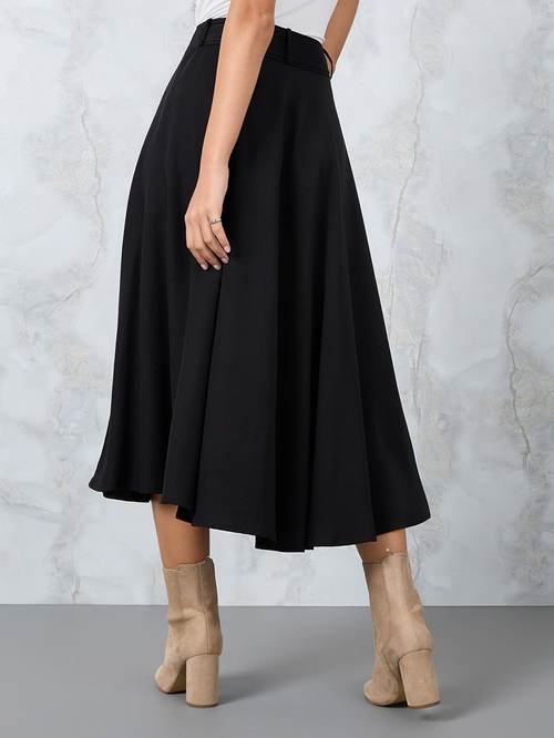 Buy Solid A Line Midi Skirt with Belt Loops Black For Women Styli Saudi