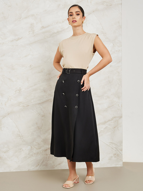 Buy Button Detail Wrap Front Midi Skirt Black For Women Styli UAE