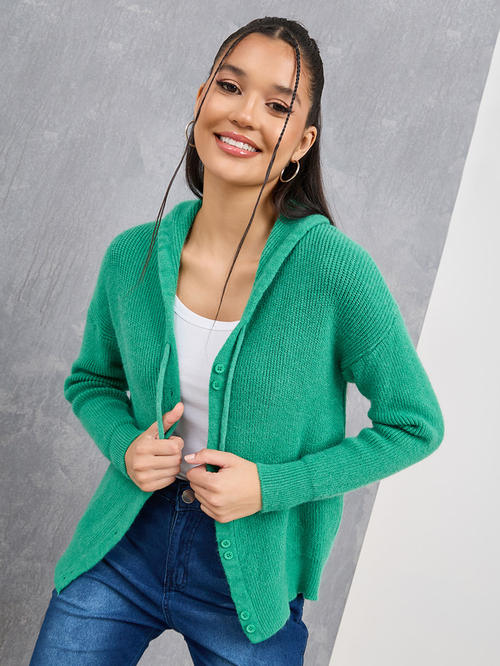 Buy Solid Button Up Hooded Cardigan Green For Women Styli Saudi