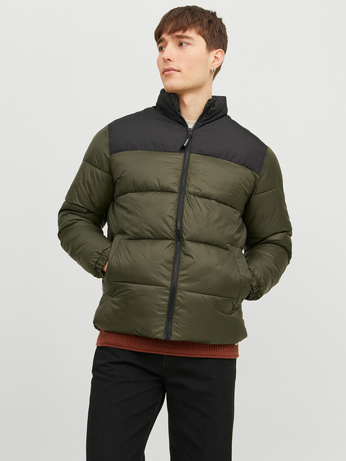 Buy Color Block High Neck Puffer Jacket With Pocket Olive For Men Styli Saudi
