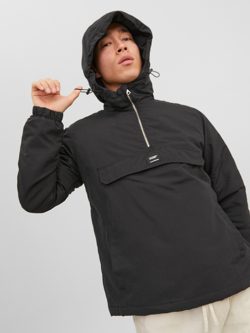 Buy Logo Patch Half Zip Hooded Windbreaker Jacket Black For Men Styli Kuwait