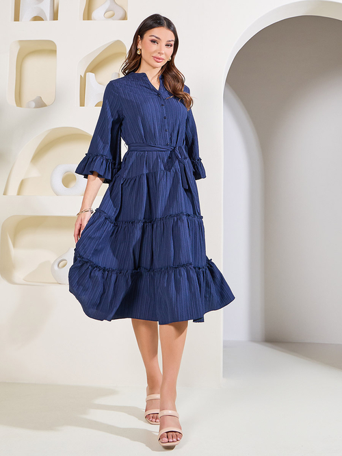 Buy Textured Mandarin Collar Tiered Midi Dress Navy Blue For Women