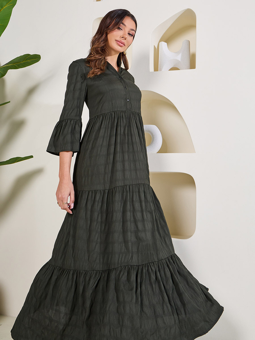 Buy Textured Mandarin Collar Tiered Maxi Dress Khaki For Women Styli Bahrain