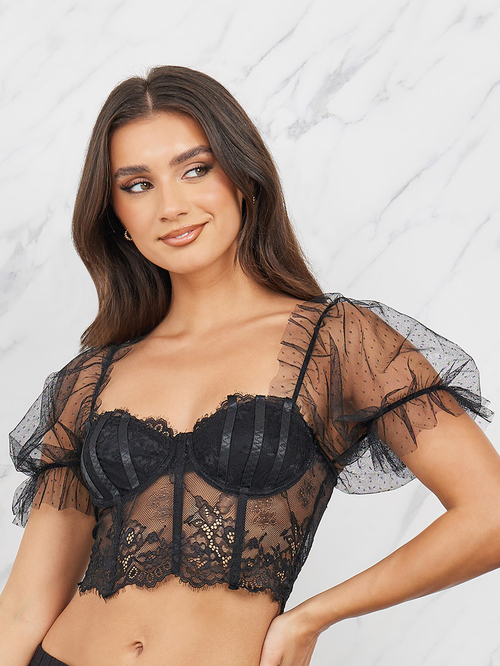 Buy Non Padded Wired Lace Mesh Puff Sleeve Corset Longline Bra Black For Women Styli Saudi
