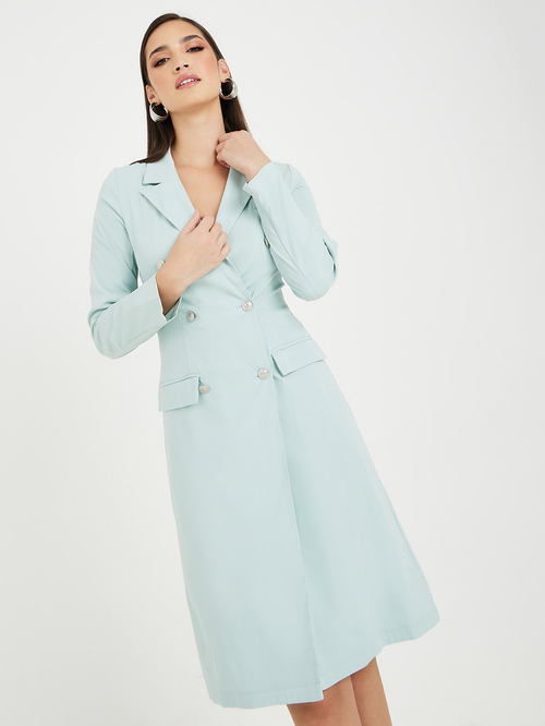 Buy Solid Notch Lapel Knee Length Blazer Dress Green For Women Styli Kuwait