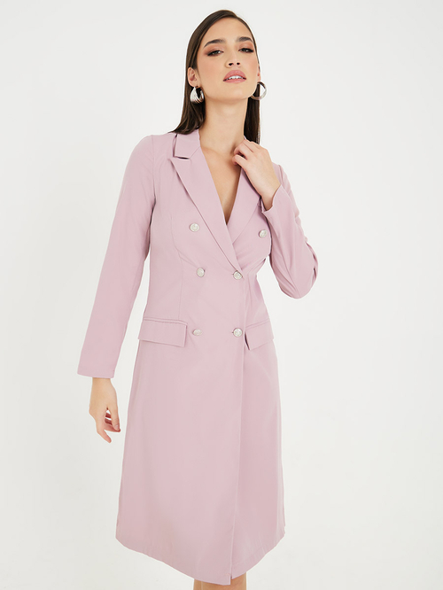 Buy Solid Notch Lapel Knee Length Blazer Dress Pink For Women Styli Bahrain