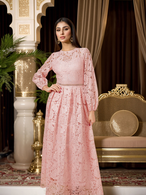Buy Lace Insert Scallop Hem A Line Maxi Dress Pink For Women Styli UAE