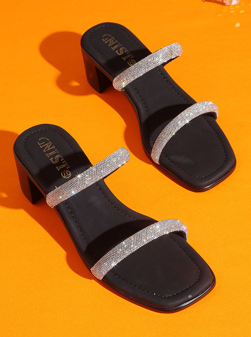 Buy Rhinestone Embellished Block Heel Sandals Black For Women Styli UAE