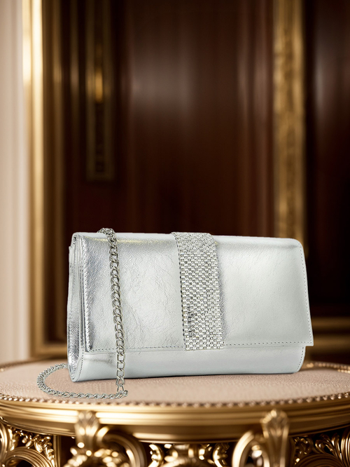 Silver embellished clutch bag on sale