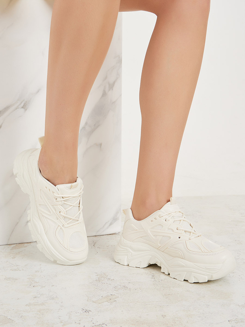 Buy Textured Lace Up Chunky Sole Sneakers White For Women Styli UAE