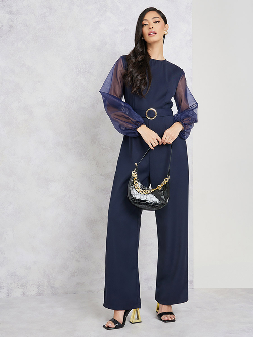 Buy Organza Sleeves Belted Wide Leg Jumpsuit Navy Blue For Women Styli UAE