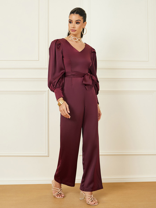 Burgundy wide leg jumpsuit discount