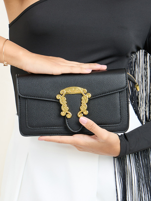 Buy Embellished Metal Buckle Crossbody Bag Black For Women Styli UAE