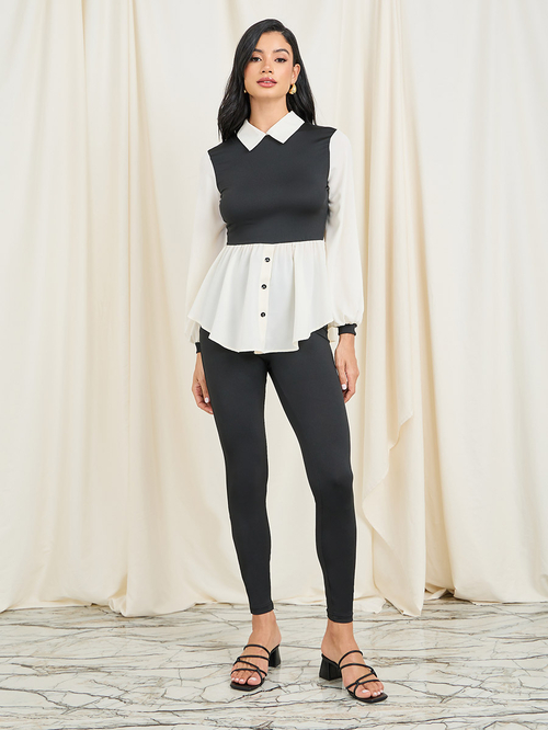 Buy Colorblock Peter Pan Collar Ruffle Hem Top and Legging Set Black For Women Styli Saudi