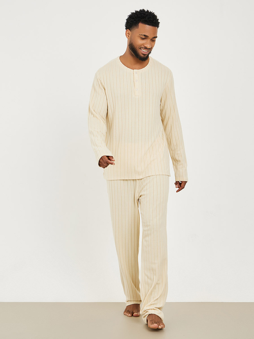 Buy Ribbed Long Sleeves T Shirt Open Hem Pyjama Set Beige For Men Styli UAE
