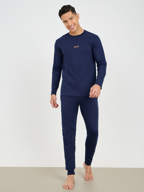 Buy Terry Long Sleeve T Shirt and Slim Fit Cuffed Pyjama Set Navy Blue For Men Styli Saudi