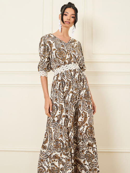 Buy Damask Print Lace Detail A Line Maxi Dress White For Women Styli Saudi